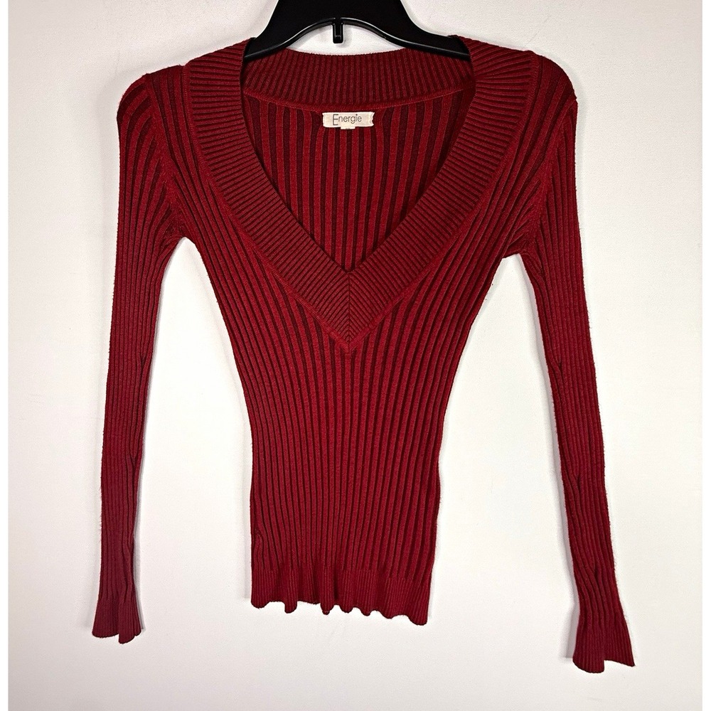Energie Women's Red Ribbed Knit V-Neck Pullover Sweater Long Sleeve S Y2Kstyle